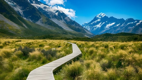 Un puente de madera conduce a través de un prado verde hacia las montañas cubiertas de nieve en el terreno de Paraparaumu College.