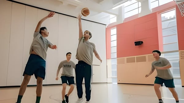 Estudiantes de la Pattison High School juegan baloncesto en el brillante gimnasio con grandes ventanas.