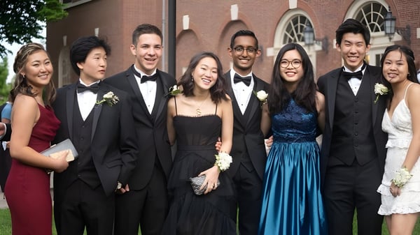 Un grupo de estudiantes de la Phillips Academy posan con ropa formal frente a un edificio de ladrillo con ventanas de arco en un evento.