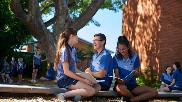 Estudiantes de la Pimlico State High School están sentados en un banco bajo un árbol y conversan mientras estudian.