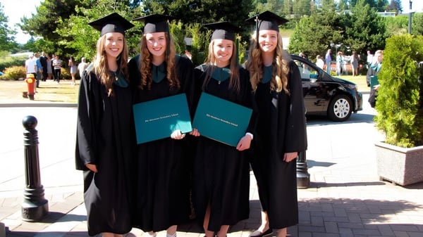 Cuatro estudiantes de la Pitt Meadows Secondary School están al aire libre sosteniendo sus diplomas de graduación en las manos.