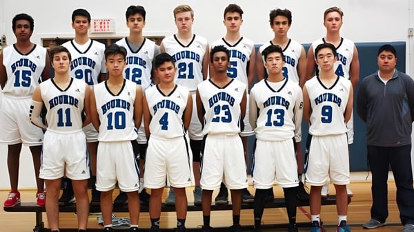 Un grupo de estudiantes de la Point Grey Secondary School posan en uniformes de baloncesto en la cancha.