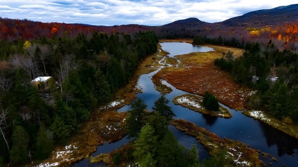 Un paisaje fluvial otoñal con árboles coloridos y montañas al fondo en el terreno de la Polyvalente W.-A.-Losier.