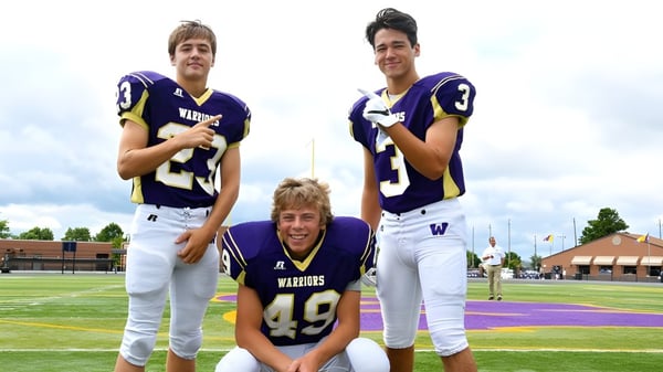 Tres estudiantes en uniformes de fútbol en el campo de la Portland Christian High School.