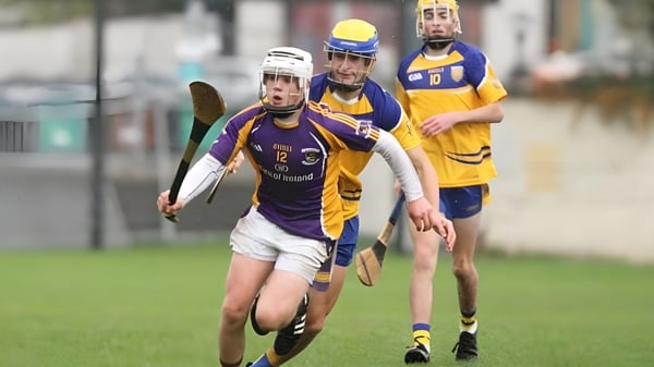 Alumnos del Portlaoise College juegan un juego de equipo en el campo deportivo de la escuela.
