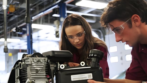 Una mujer y un hombre examinan un dispositivo técnico en un taller en Poudre School District.