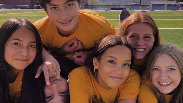 Un grupo de estudiantes de Prescott High School en camisetas amarillas está reunido en un campo deportivo.