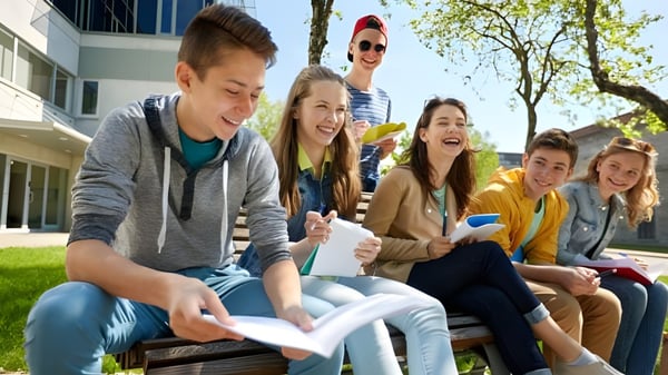 Un grupo de estudiantes se sienta en un banco y conversa en el campus del Provo City School District.