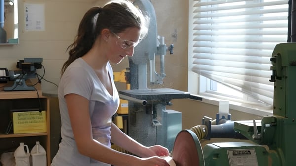 Una joven mujer está en una sala con varios objetos en el campus de la Queen Elizabeth School.