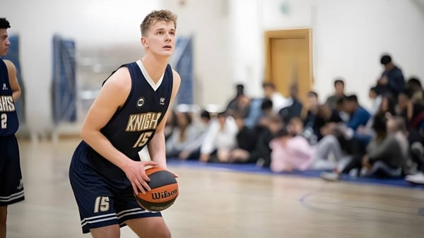 Un jugador de baloncesto de Queen Ethelburga’s Collegiate está en la cancha de baloncesto frente a una tribuna de espectadores.