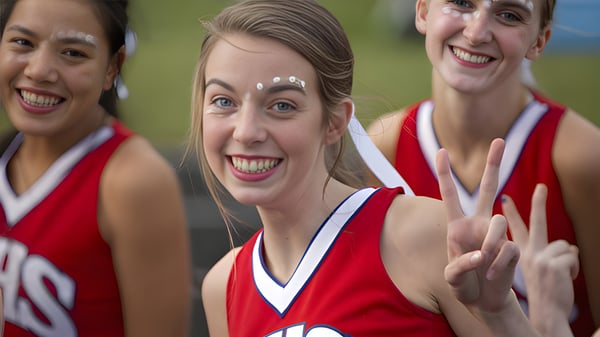 Tres estudiantes en uniformes rojos de animadoras hacen gestos entusiastas en el campo de la Red Creek High School.