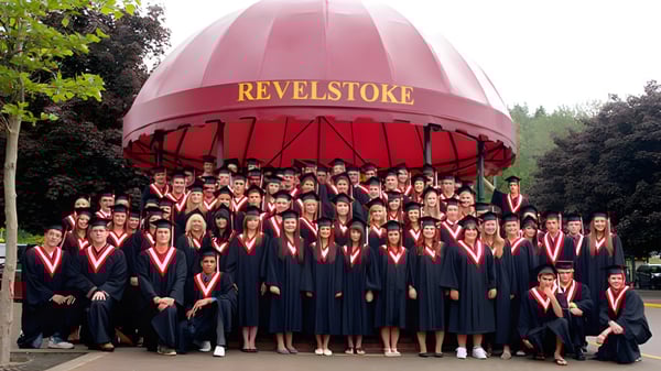 Un grupo de estudiantes en ropa de graduación posa frente a la gran cúpula roja de Revelstoke Secondary School.