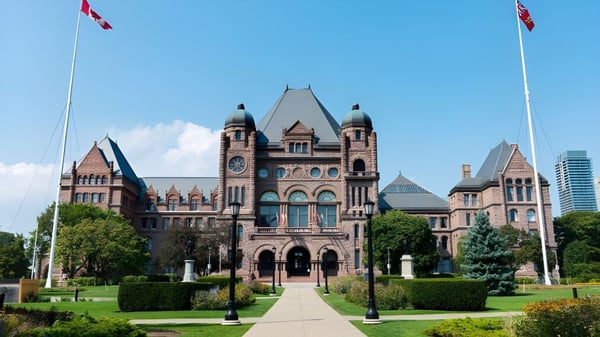 El edificio principal victoriano del Ridley College con torre del reloj está rodeado de jardines bien cuidados y banderas canadienses.