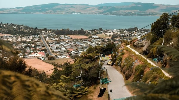 Un camino sinuoso atraviesa la vegetación verde con vistas panorámicas a una ciudad costera desde el Roncalli College.