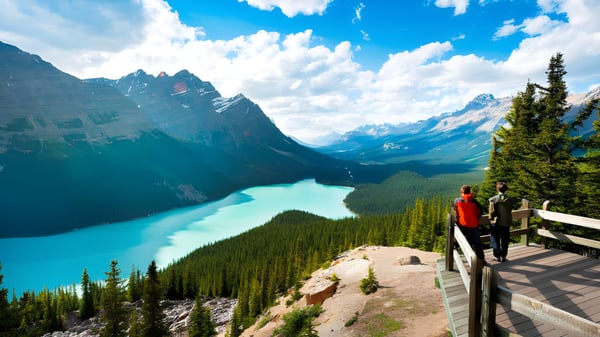 Una persona está de pie en un muelle de madera y mira hacia el lago turquesa frente a las montañas en el terreno de la Rutland Senior Secondary School.