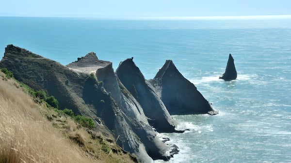 Dramáticas formaciones rocosas en la costa con un mar tranquilo frente al Sacred Heart College Napier.