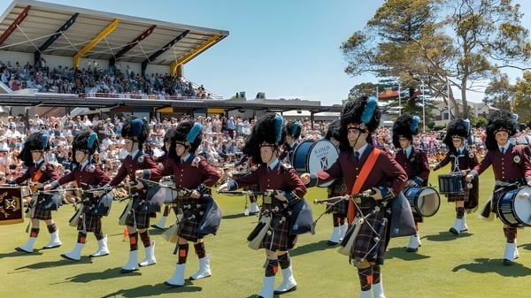 Un grupo de estudiantes en vestimenta tradicional escocesa con kilts y gaitas se reúne frente a un edificio de estadio en el terreno del Scotch College.