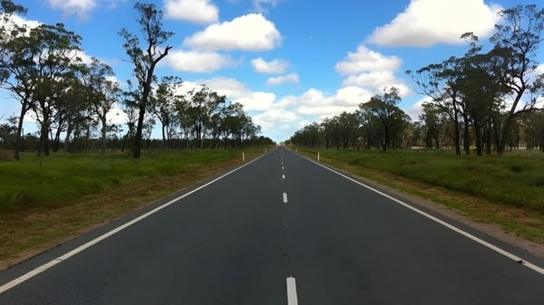 Una larga y recta carretera atraviesa un paisaje verde con altos árboles en el terreno de Scotch Oakburn College.