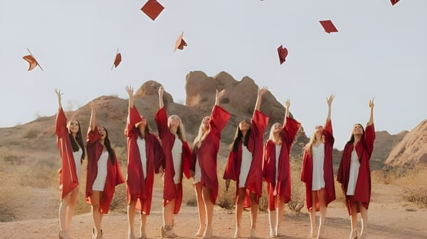 Un grupo de personas vestidas de rojo está frente a un paisaje montañoso en el terreno del Scottsdale Unified School District.