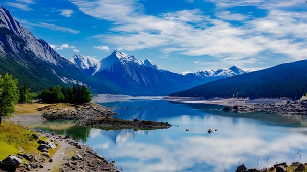 Un lago alpino con agua clara y montañas cubiertas de nieve se puede ver en la naturaleza cerca de la Shawnigan Lake School.