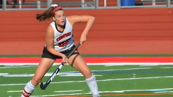 Una joven deportista sostiene una raqueta de tenis en el campo deportivo del Shebbear College.
