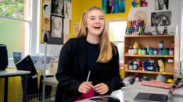 Una estudiante de la Sherfield School ríe en un colorido espacio lleno de materiales artísticos.