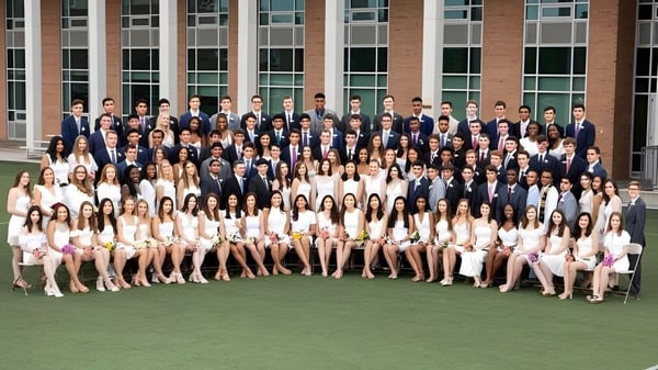 Un grupo de estudiantes de la Sidwell Friends School está de pie en un prado frente a un edificio de ladrillo.