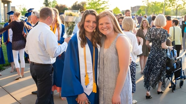 Dos alumnas de Sioux Falls Christian School sonríen y posan juntas en una ceremonia de graduación al aire libre frente a edificios y áreas verdes.