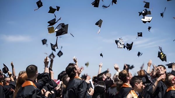 Los graduados de la Sir Frederick Banting Secondary School lanzan sus birretes de graduación al aire bajo un cielo azul claro.