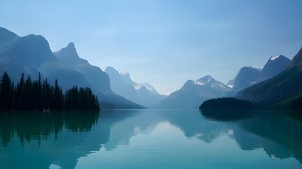 Un lago turquesa con montañas cubiertas de nieve y bosques perennes en los alrededores de la Sir Robert Borden High School.