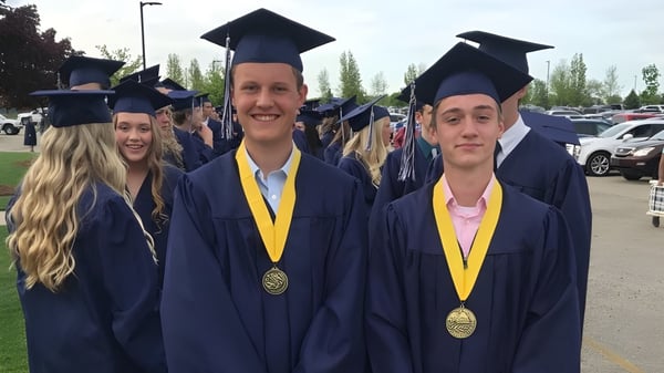 Graduadas y graduados de la South Christian High School están juntos al aire libre mostrando sus diplomas de graduación.