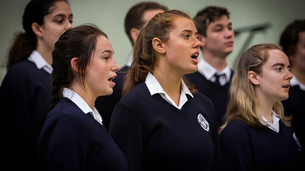 Un grupo de estudiantes en el St. Andrew's College canta juntos en el aula.
