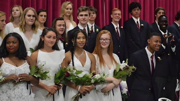 Un grupo de estudiantes de la St. Anne's-Belfield School se encuentra frente a una cortina roja sosteniendo flores durante la ceremonia de graduación.