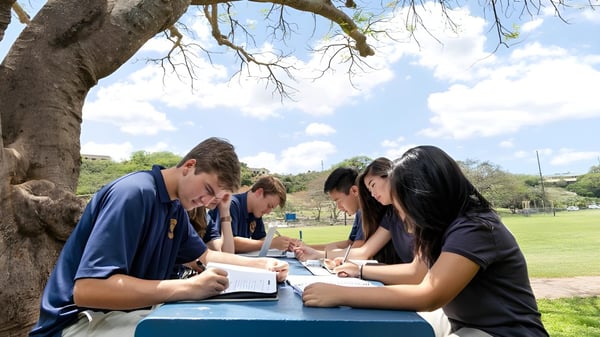 Un grupo de estudiantes de la St. Anthony School está sentado bajo un árbol en una pradera y trabaja juntos en un estudio.