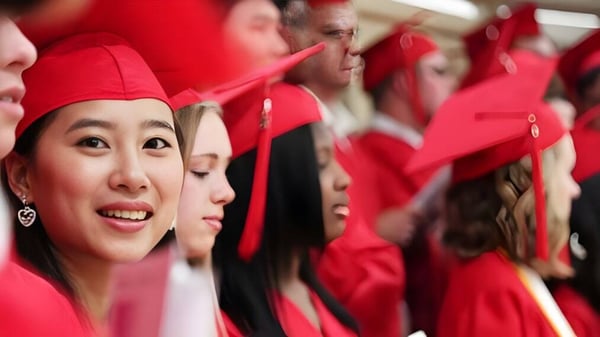 Estudiantes de la St. Croix Lutheran Academy llevan togas rojas y celebran su graduación.