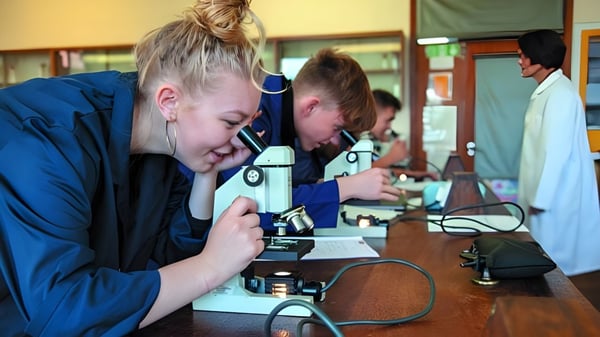 Estudiantes de la St. Felix School trabajan concentrados con dispositivos electrónicos en el laboratorio.