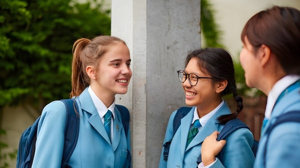 Tres estudiantes de St. Hilda's Collegiate School conversan al aire libre frente a un fondo verde.