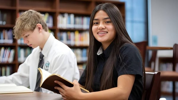 Dos estudiantes de la St. John Paul II Catholic High School están sentados en la mesa de la biblioteca y estudian juntos.