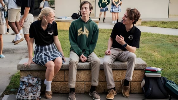 Un grupo de estudiantes está sentado en una estructura de concreto en el área exterior de la St. Joseph Academy con césped y edificios de fondo.
