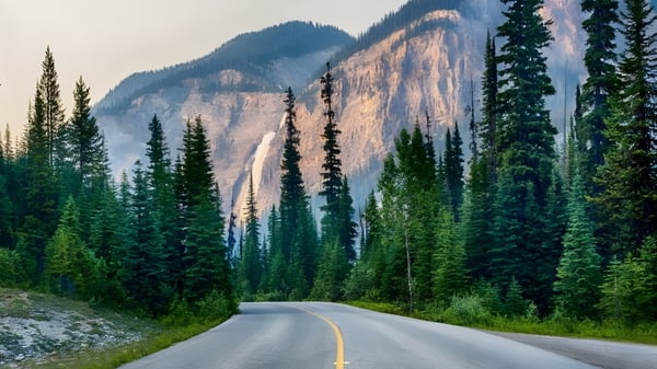 Una carretera sinuosa atraviesa un paisaje boscoso con montañas al fondo en el terreno del St Mary’s District & Vocational Collegiate Institute.