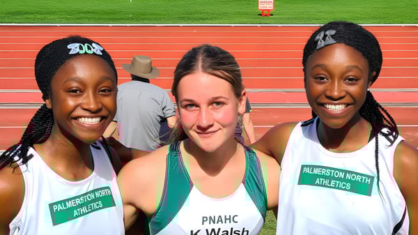 Tres estudiantes en uniformes de atletismo están en la pista de St. Peter's College y sonríen juntas.
