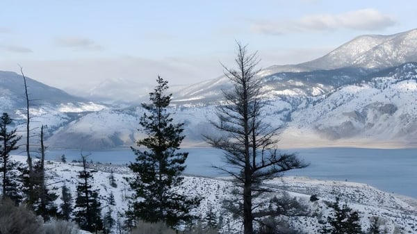 Paisaje montañoso nevado con un lago congelado y árboles desnudos bajo un cielo nublado cerca del Collège Sturgeon Heights Collegiate.