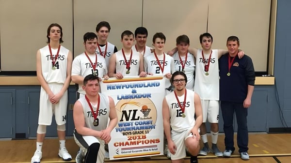 Un grupo de estudiantes de la Templeton Academy sostiene un banner de campeonato en el gimnasio.