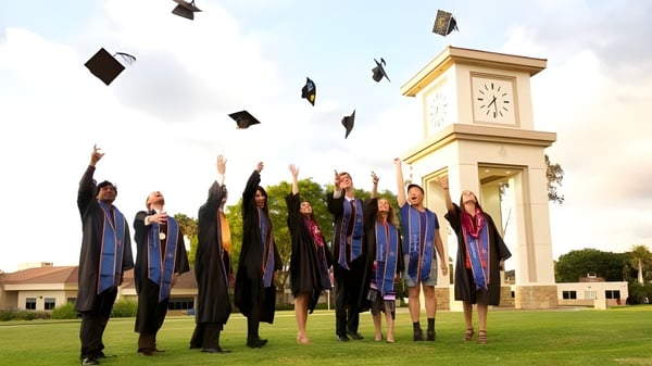 Los graduados de la The Academy MiraCosta lanzan sus sombreros al aire frente a un campanario.