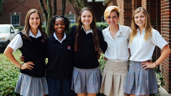 Cinco estudiantes de The Brook Hill School están juntas frente a un edificio de ladrillo y sonríen a la cámara.