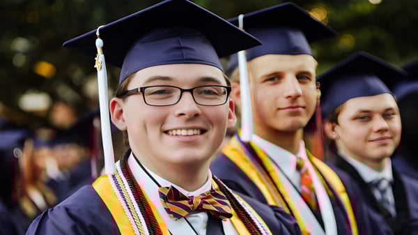 Un grupo de graduados de The Brook Hill School está al aire libre juntos en ropa de graduación.