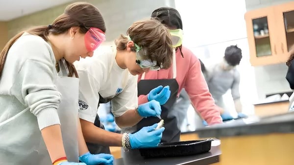 Estudiantes de The Harvey School trabajan juntos con ropa de protección en el laboratorio en una tarea práctica.