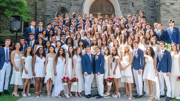 Un grupo de estudiantes vestidos formalmente se reúne frente a una iglesia de piedra en el campus de The Masters School.