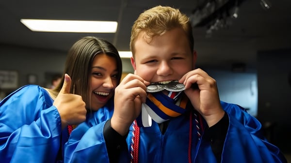 Dos estudiantes de la Three Rivers Christian School llevan togas de graduación azules y hacen muecas en el edificio escolar.
