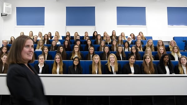 Las alumnas están sentadas en el aula de la Torquay Girls Grammar School frente a ventanas enmarcadas en azul.